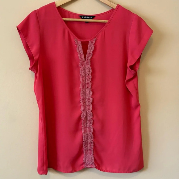 EXPRESS| Pretty Pink Flowy Cap Sleeve‎ Flowy Lace Trim Top Shirt Sz M - Picture 2 of 10